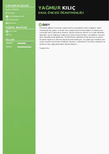 Okul Öncesi Öğretmeni Öğretmenliği Cv Örnekleri cv indir